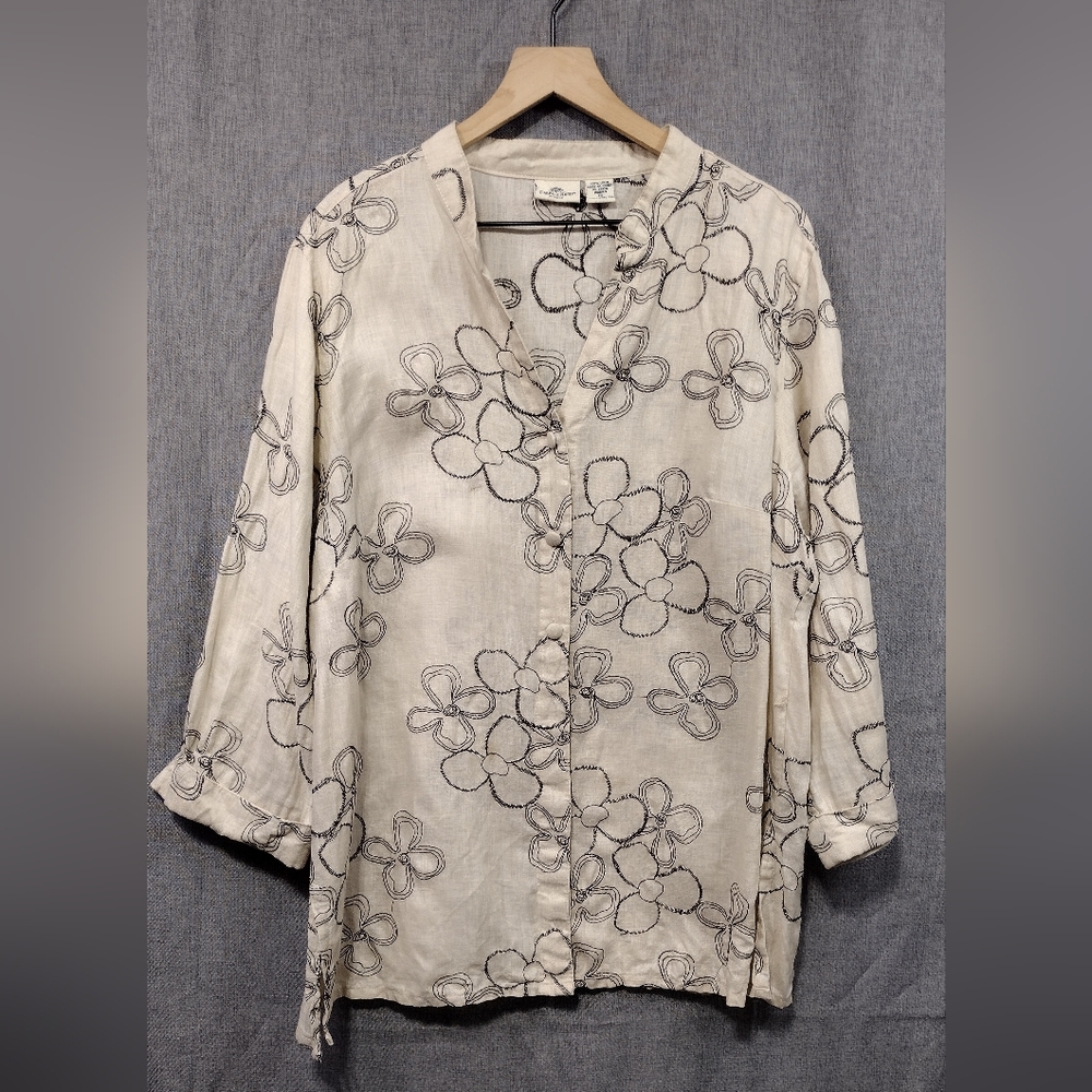 Carroll Reed 100% Linen Embroidered Floral Button Top Women's 1X Cream Retro Y2K